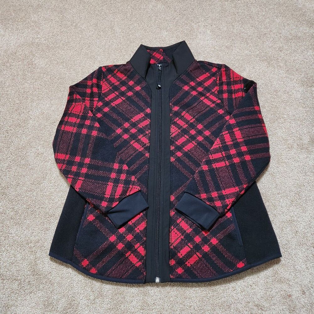 T by Talbots Jacket Women MP Sweatshirt Fleece Zip Front Red Plaid Sweater Knit